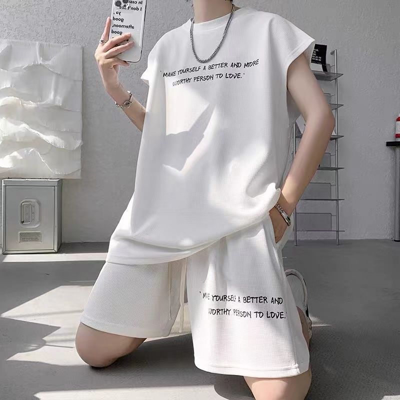 Summer new plus size men's sports suit Waffle trendy sleeveless vest t-shirt versatile casual two-piece set 12_voghion.com