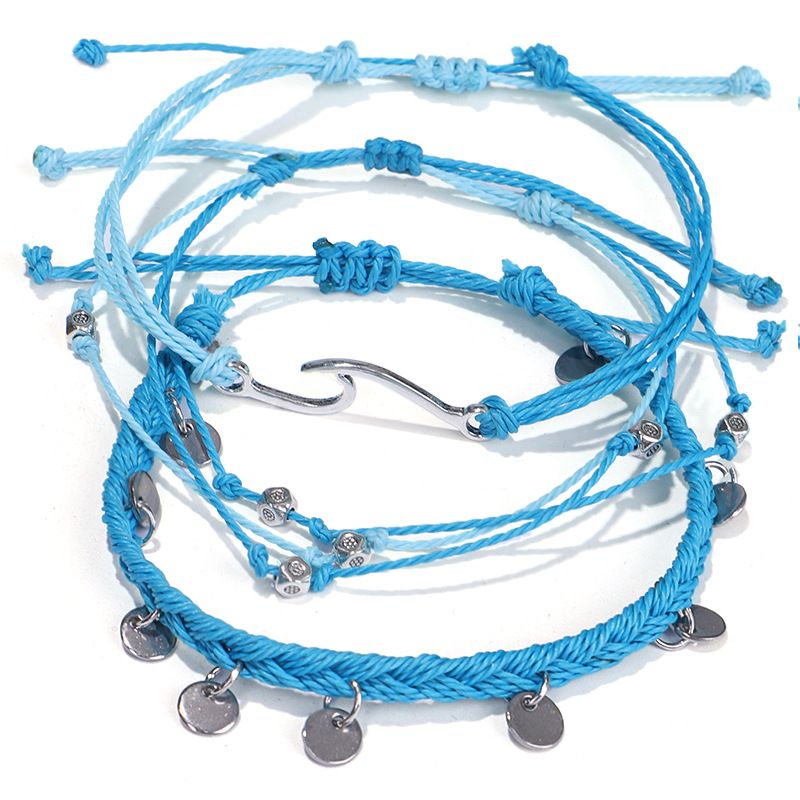 New Bohemian Vacation Style Summer Wax Thread Braided Wave Anklet Set_voghion.com