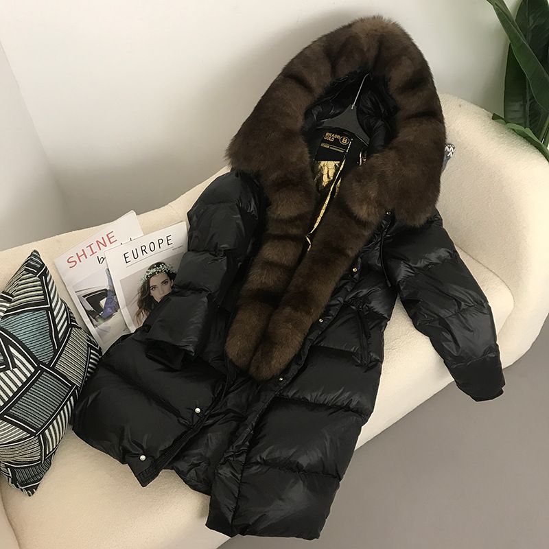 Piumino di lusso con finiture in pelliccia di volpe da donna – Giacca invernale lunga da donna (nero/oro, S-2XL)_voghion.com
