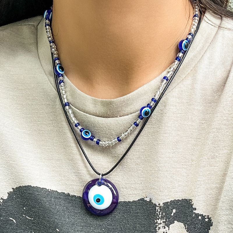 2025 New Arrivals Boho Acrylic Seed Bead Clavicle Choker Simple Leather Wax Cord Chain Big Turkish Lucky Blue Eye Pendant Necklace Summer_voghion.com