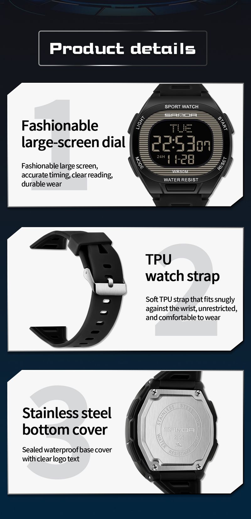 Orologio elettronico da uomo quadrato, multifunzione, conto alla rovescia, LED, impermeabile, regalo_voghion.com