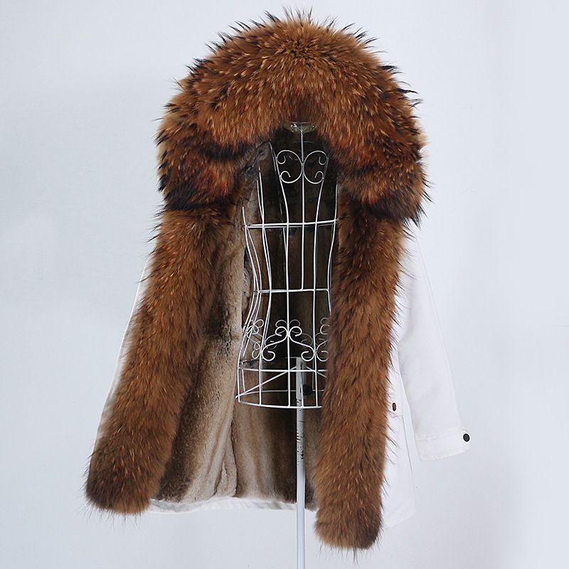 Damenbekleidung Abnehmbarer Innenmantel mit Fuchspelzkragen Mittellang Modischer warmer Kapuzenmantel_voghion.com