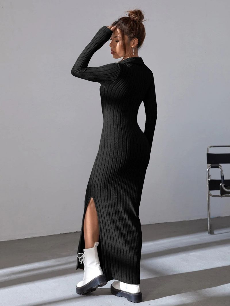 Women's clothing knitted dress casual waist V-neck pit strips slimming and hip hair coverage_voghion.com