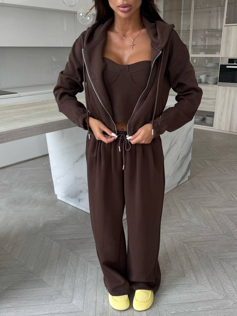 Women's Casual Hoodie Wide-Leg Pants Set - Long Sleeve Zip-Up Sweatshirt & Drawstring Lounge Trousers, Comfortable_voghion.com