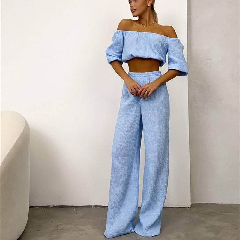 Damen-Knitterstoff aus reiner Baumwolle, einfarbig, kurzärmliges Oberteil mit Kragen, Hose mit hoher Taille und weitem Bein, lässiger Anzug_voghion.com