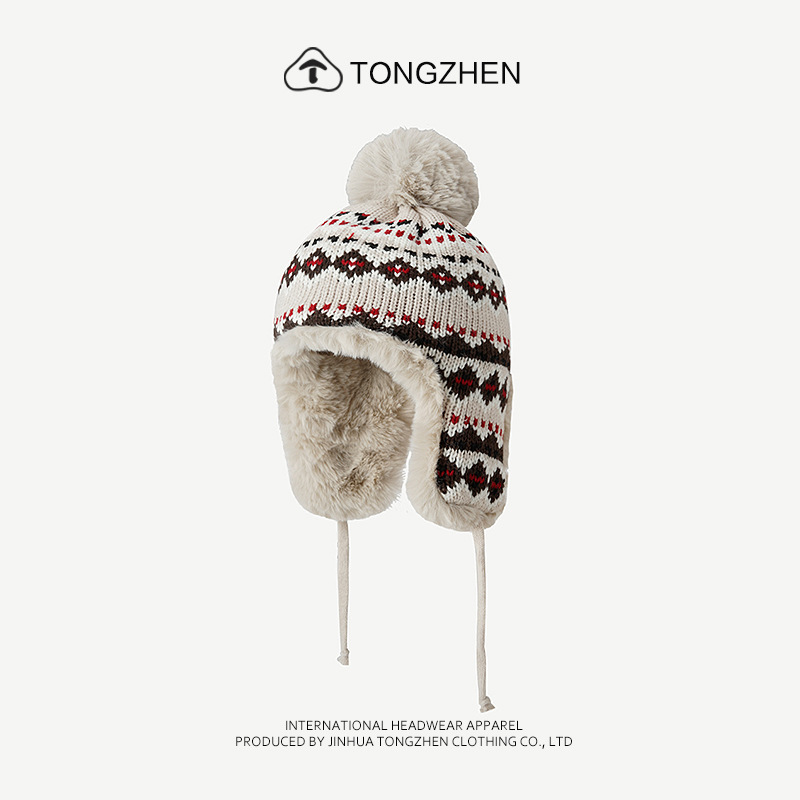 Estilo étnico jacquard malha feminina no outono e inverno, pelúcia Lei Feng para passeios, esqui, proteção auricular, lã_voghion.com