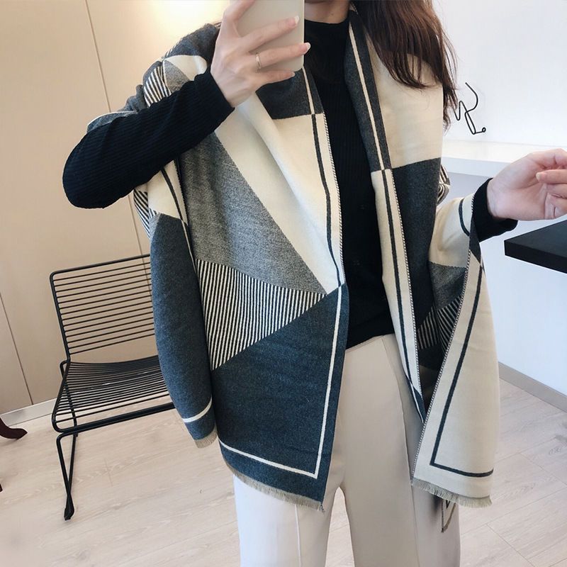 2025 Autumn Winter Geometric Pattern Korean High-end Cashmere Scarf For Women Warm Versatile Internet Celebrity Long_voghion.com