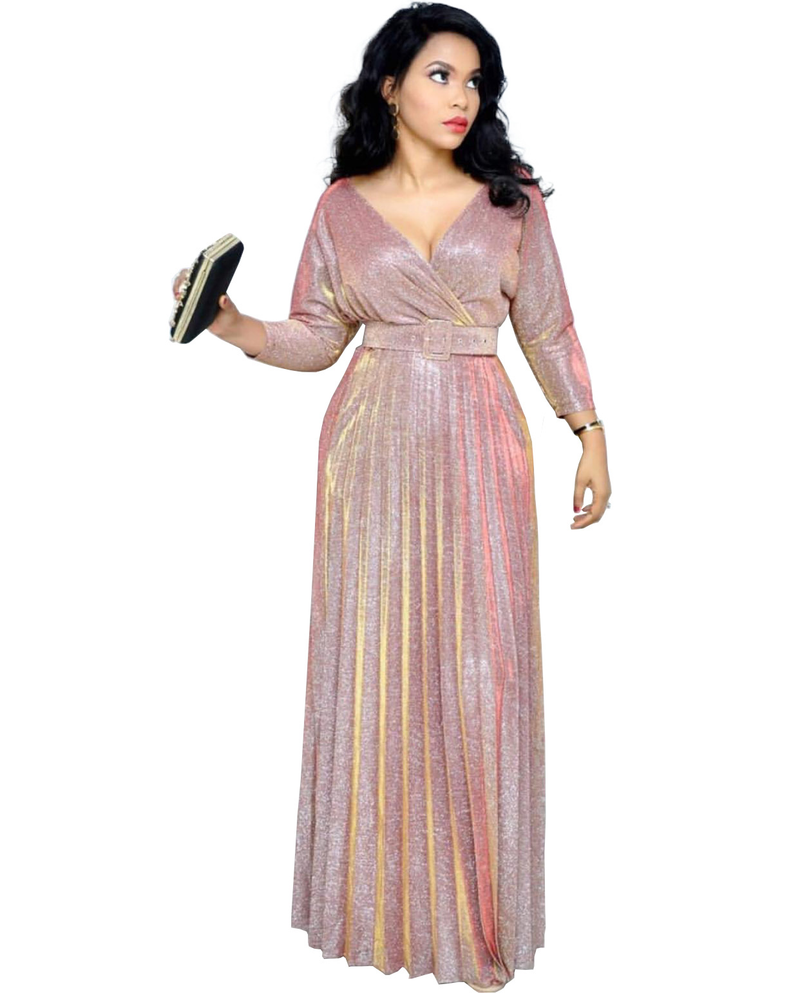 Gonna plissettata abbronzata moda donna a maniche lunghe con cintura in tessuto rosa brillante_voghion.com