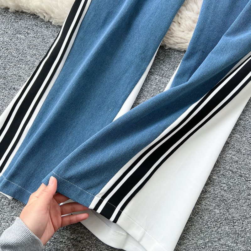 Damenbekleidung im Retro-Stil, Damen-Outfit, ärmelloses bauchfreies Top, hohe Taille, weites Bein, Jeans-Set, modischer Zweiteiler, lässig-schick, Übergröße (weiß/schwarz)_voghion.com