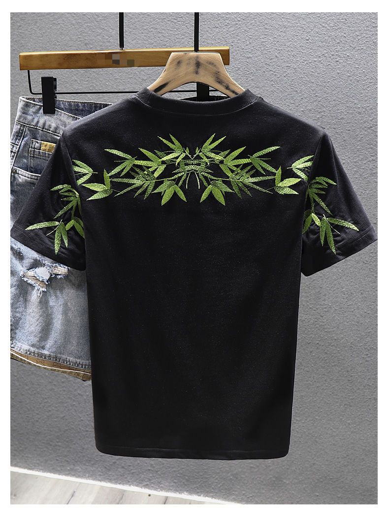 Modisches Kurzarm-T-Shirt mit Bambusblatt-Stickerei für Herren, lockeres T-Shirt mit halben Ärmeln, Sommer, lässige Herrenbekleidung, Unterteil_voghion.com