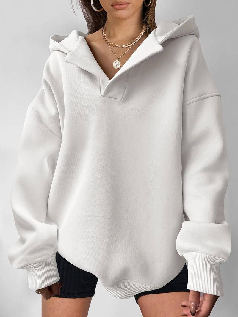 Women's Clothing Sweatshirt Solid Color Long Sleeve Hooded Solid Color Loose Sweater Women's Top_voghion.com