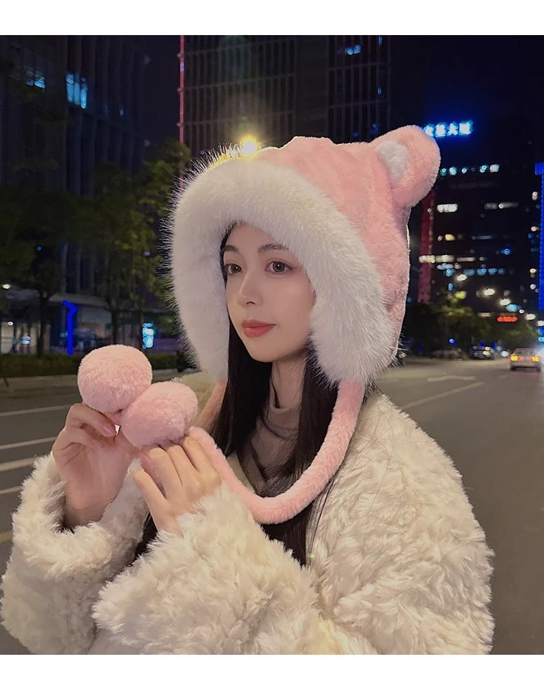 Wintermütze mit dicker und süßer Bärenmütze für Damen, warmes Radfahren, winddicht, Ohrenschutz, Plüsch-Zehenkappe_voghion.com
