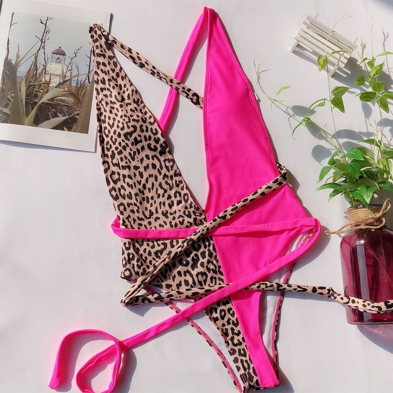 2020 New Bikini Swimsuit Women's One-Piece Leopard Print Patchwork Tie Swimwear_voghion.com