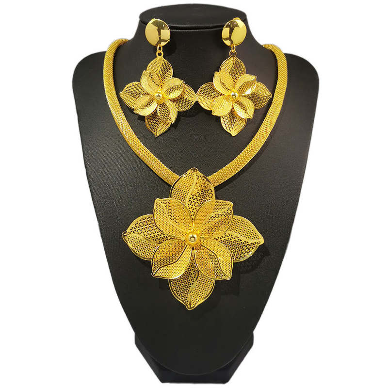 Ντουμπάι Jewelry Γυναικείο Σετ Νυφικό Κρεμαστό Κολιέ και Σκουλαρίκια Μεγάλο Λουλούδι_voghion.com
