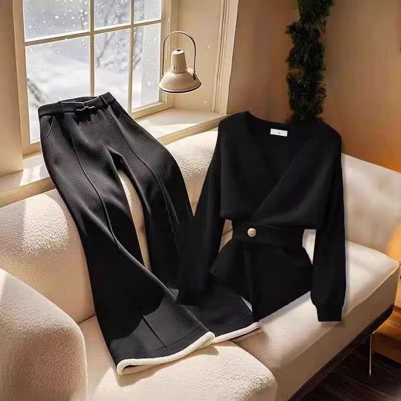 Îmbrăcăminte pentru femei, stil Royal Sister, pulover tricotat negru, la modă și elegant, pantaloni evazați slim și versatili, costum din două piese_voghion.com