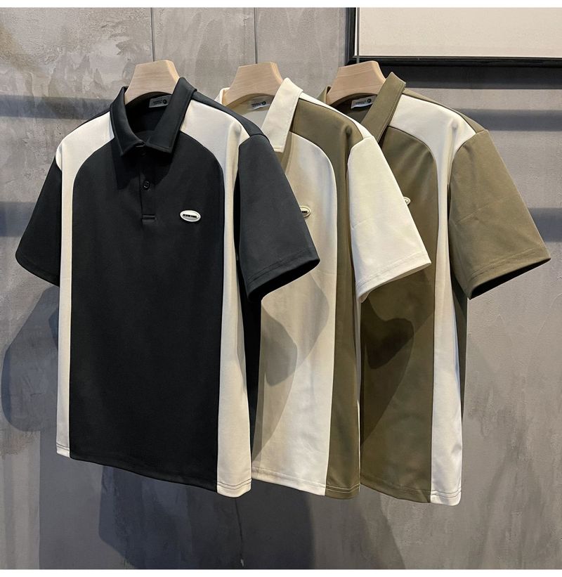 LUUD Men's Summer Cool Fabric Short Sleeve Paul Shirt Trendy Brand Color Blocked Collar Micro Wide Polo T_voghion.com
