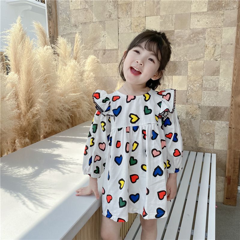 Rochie de fete cu imprimeu colorat de primăvară, dragoste, zburând, mânecă, prințesă, rochie de păpușă_voghion.com