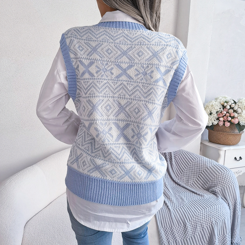 2023 Autumn And Winter Christmas Snowflake Pattern V-Neck Knitted Vest Sweater Women's Clothing_voghion.com