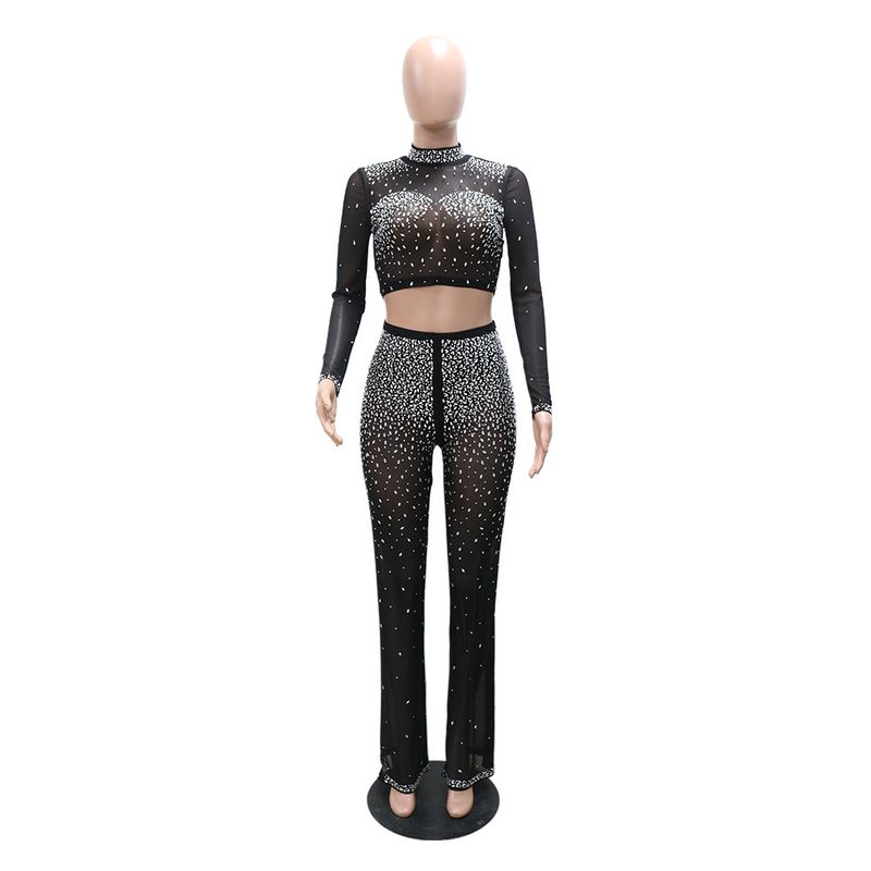 Abbigliamento da donna, abito da donna in due pezzi trasparente con diamanti caldi, top alla moda a maniche lunghe con scollo tondo e pantaloni slim_voghion.com