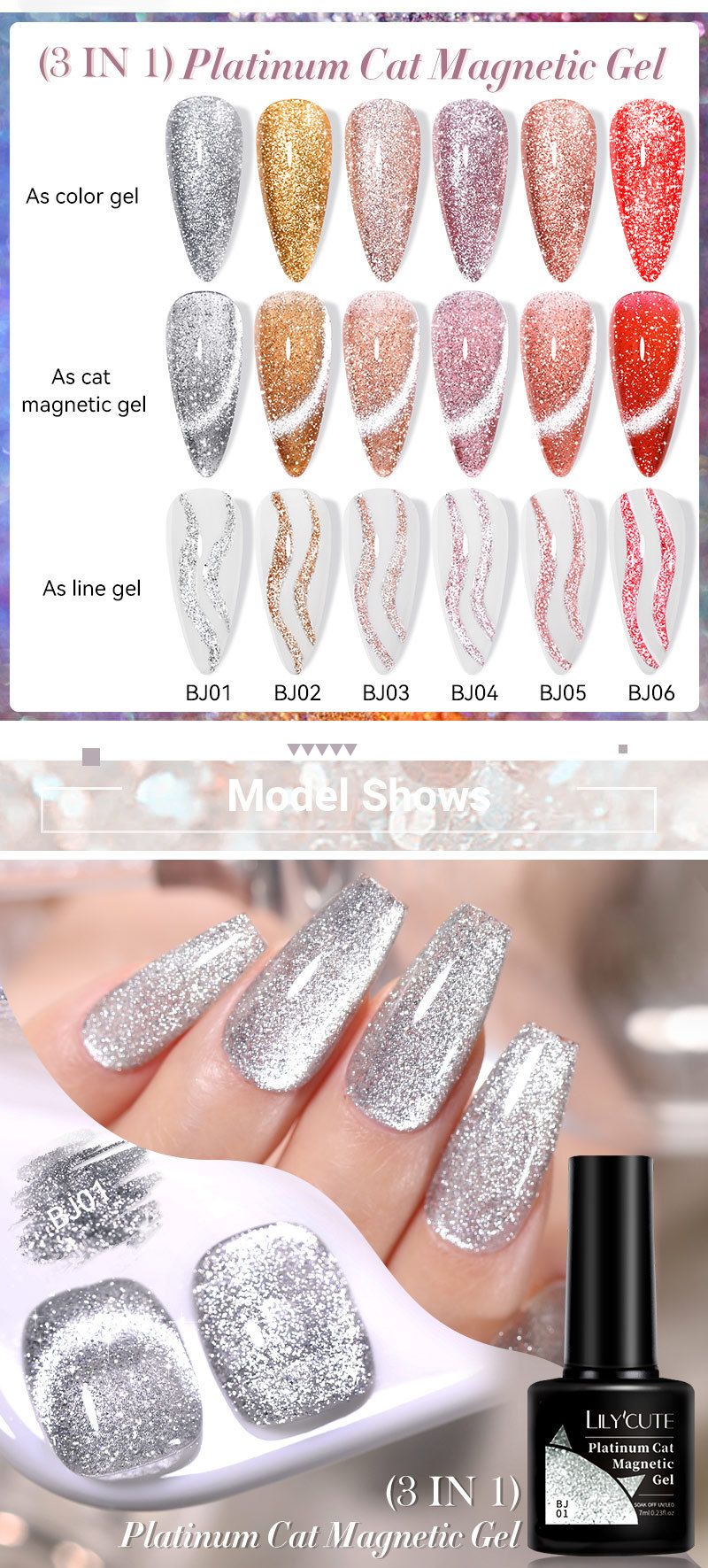 Nuovo smalto in gel per unghie effetto occhi di gatto color platino argento di LILY'CUTE - Bling Bling Platinum Crystal Cat Eye | Polimerizzazione UV per manicure meravigliose_voghion.com