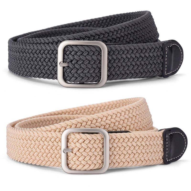 New autumn canvas woven elastic waistband women's trendy casual pants, alloy square buckle belt for men_voghion.com