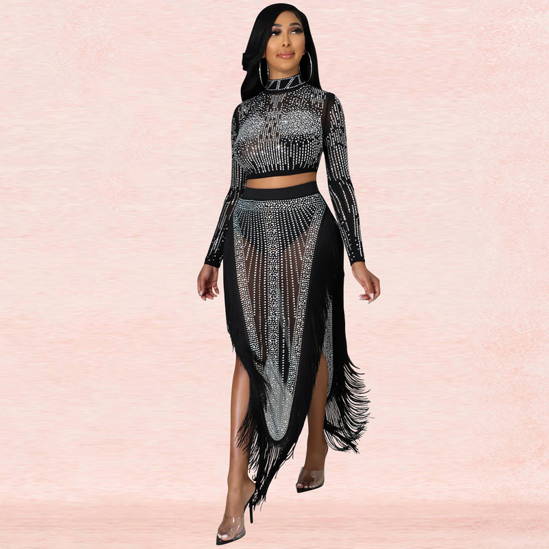 Ensemble deux pièces sexy en maille diamant pour femmes, jupe longue fendue à manches longues et transparente, boîte de nuit_voghion.com