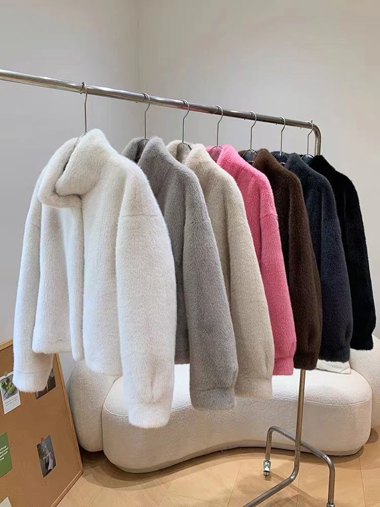 Damenbekleidung Stehkragen Kurzer Nerzsamt Damen Kunstsamt Nerzpelzmantel Kurzer Stehkragen Winter Umweltfreundliche Kunstpelzjacke_voghion.com