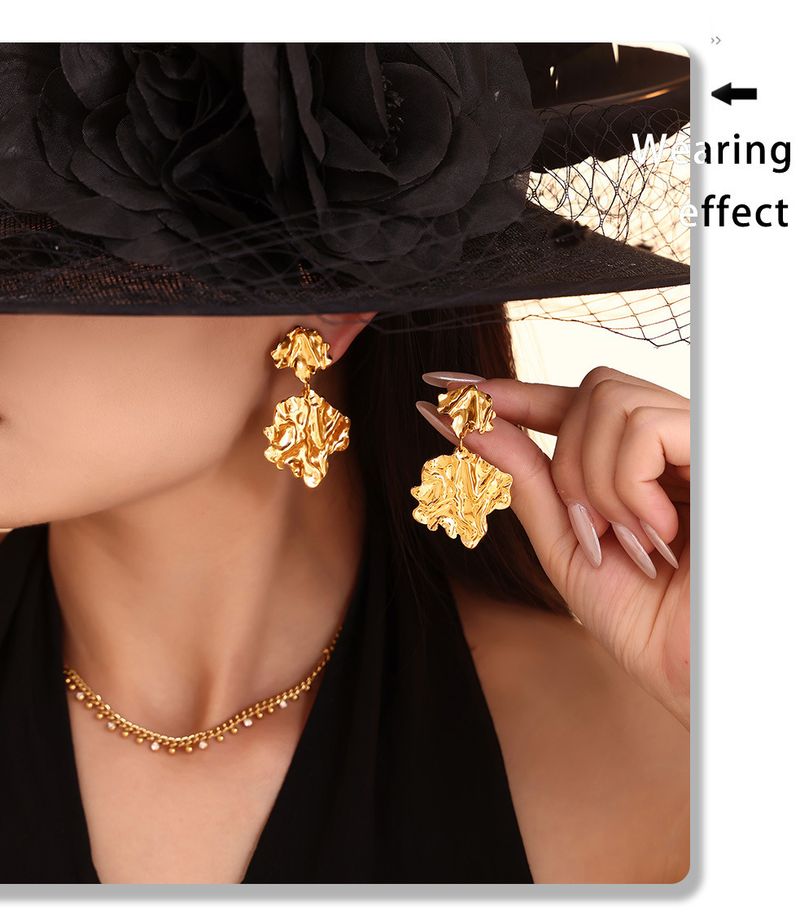 Personalized And Trendy Earrings With Hammer Patterns, Pleated Leaves, Exaggerated Earrings, Stainless Steel PVD Electroplated Headwear_voghion.com