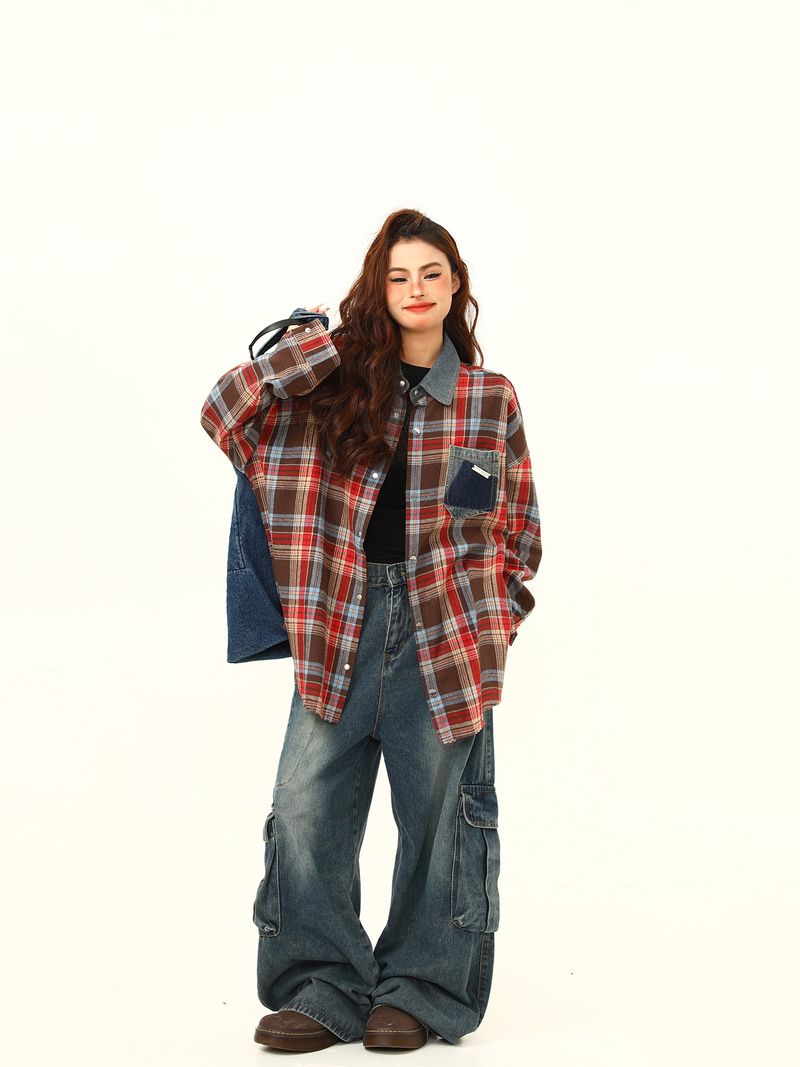 Camicia a quadri gialla a quadri Wild Azi, vestibilità ampia e versatile, per l'inizio dell'autunno, da donna, di alta qualità_voghion.com