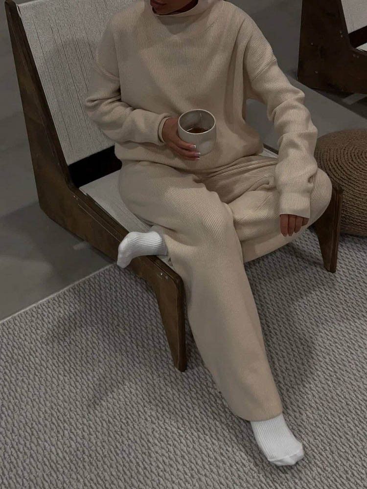 Women's High-Neck Knit Sweater & Pants Set - Long Sleeve Solid Color Lounge Outfit, Elegant Two-Piece Ensemble (Black/Beige, S/M/L/XL)_voghion.com