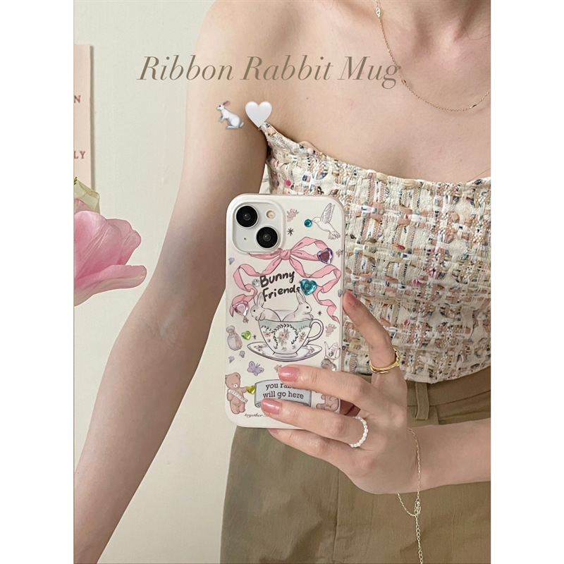 Instagram Sweet Bow Tea Cup Rabbit Suitable for iPhone 15 Promax Apple 13 Phone Case 14 Double Layer 11/_voghion.com