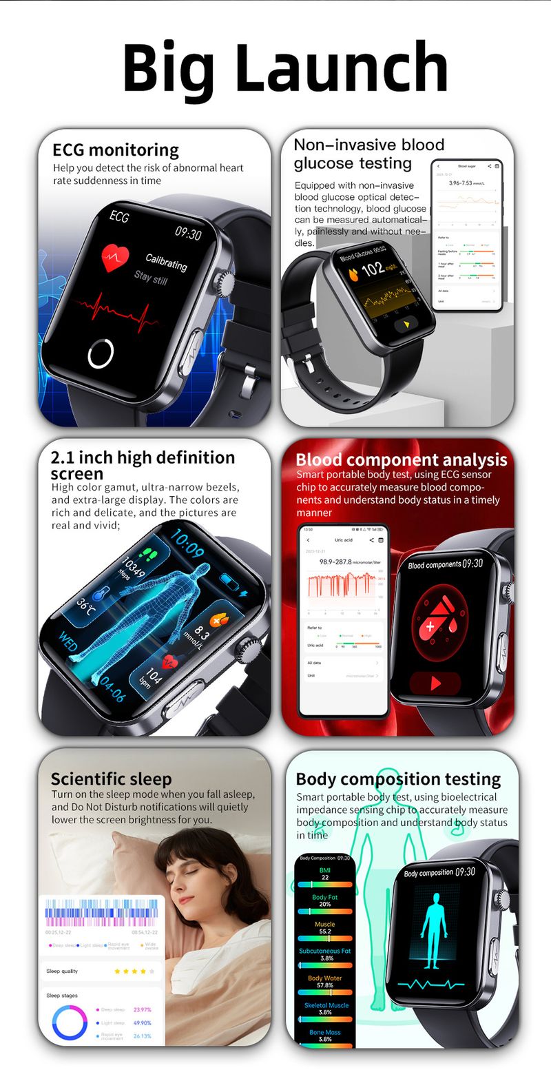 Smart Watches F300 Smart Watch SOS Heart Rate Blood Oxygen ECG Monitoring_voghion.com