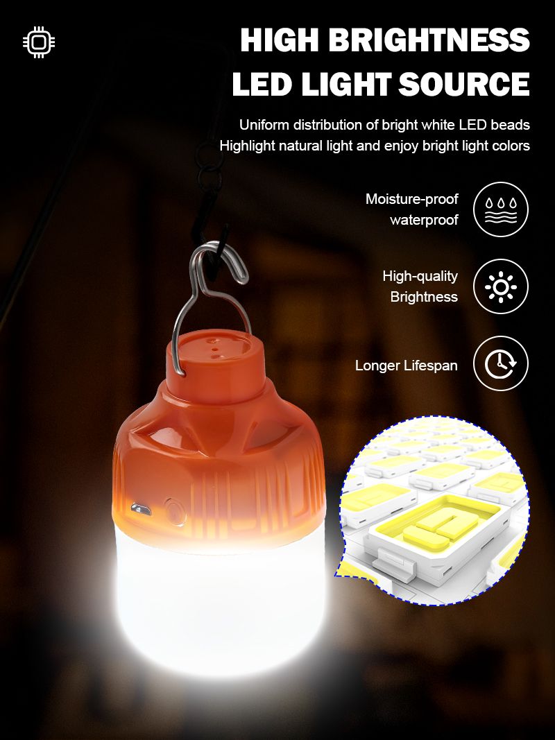 Bombillas LED recargables por USB para exteriores, luz de emergencia de alto brillo, para acampar, pescar, linterna portátil, luces nocturnas_voghion.com
