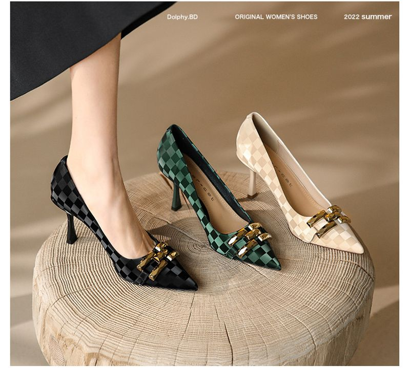 p9Französische hohe Stilettos für Damen 2023 neuer Stil gut passende spitze Zehenpartie flacher Mund Temperament Schachbrett_voghion.com