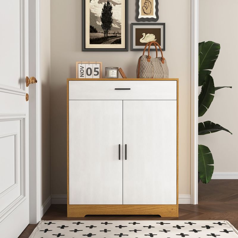 Shoe Cabinet, 4-Tier Shoe Rack Organizer With 1 Drawer, Freestanding Wooden Shoe Storage Cabinet With 2 White Door & Adjustable Shelves For Entryway Hallway_voghion.com