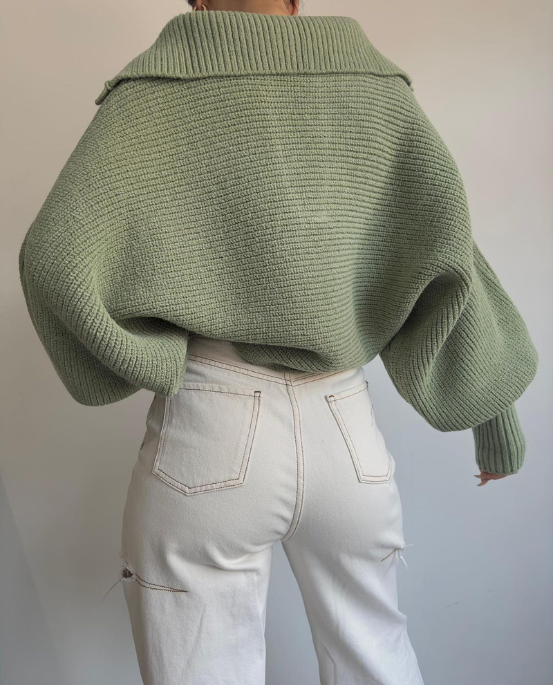 Abbigliamento donna autunno e inverno stile caldo pigro sciolto maniche a lanterna collo aperto pullover maglione corto da donna_voghion.com
