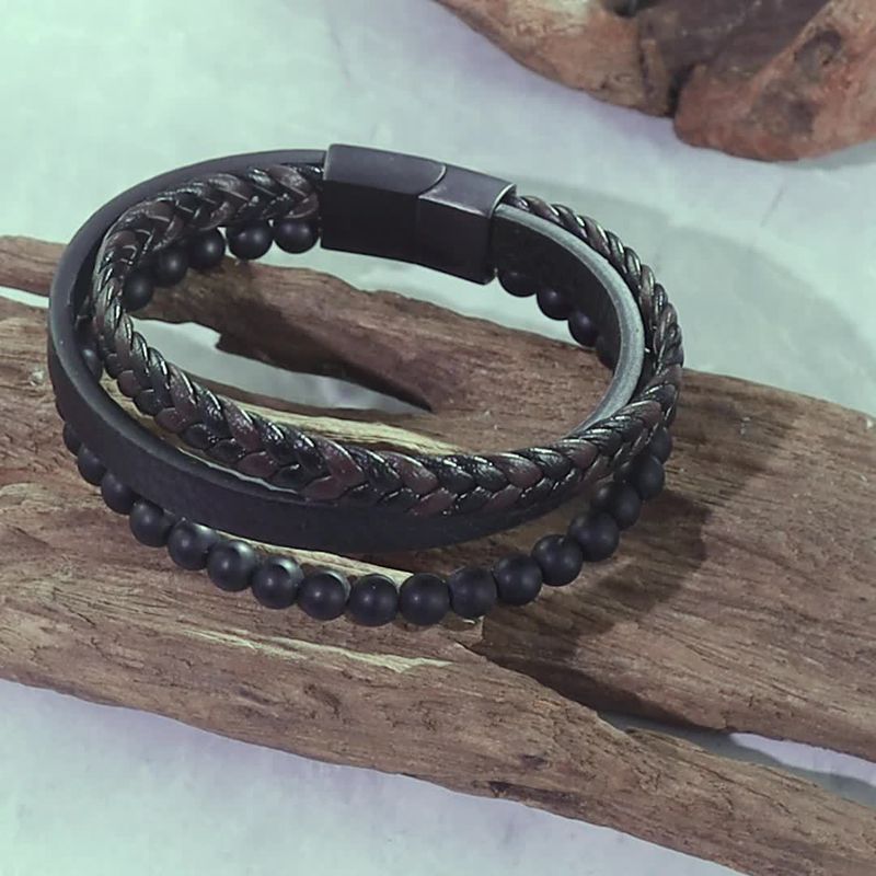 Heißer Verkauf Natur Vulkanstein Mehrschichtiges Herren Leder Gewebtes Armband_voghion.com