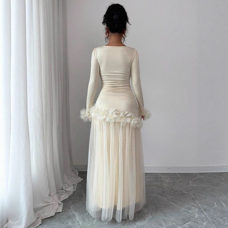 Abito a trapezio a vita alta in rete – Elegante abito a strati trasparente a maniche lunghe con orlo arricciato (S/M/L/XL, misto poliestere-spandex traspirante)_voghion.com