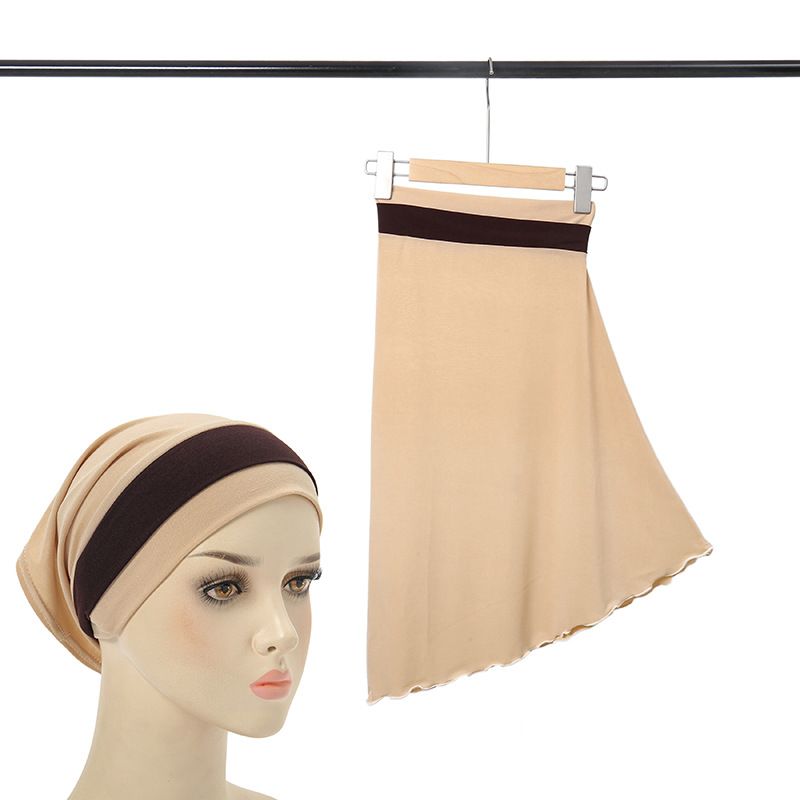 two-color stitching turban hat Muslim big hat two-piece set women's four-season pullover hat in stock_voghion.com