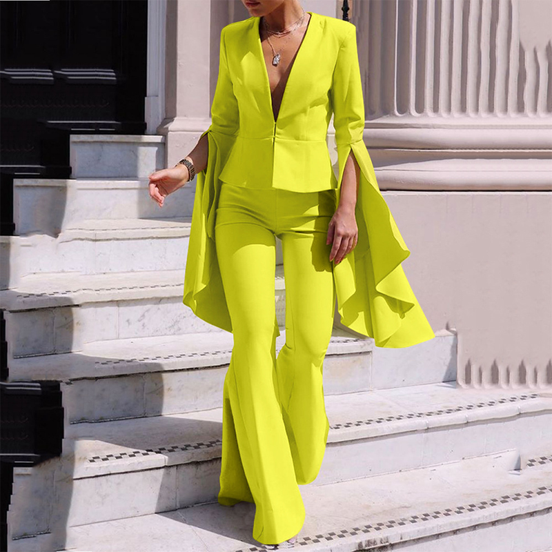Veste de costume style déesse pour femmes, vêtements à la mode, haut taille haute, pantalon cloche large, ensemble deux pièces pour femmes_voghion.com