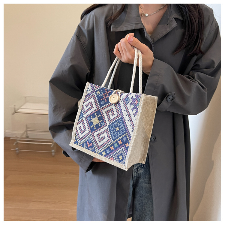 Ethnic Style Canvas Bag for Women, New Fashion for Going Out, Portable Linen Lunch Box, Bento Bag, Hand-held Mommy Bag_voghion.com