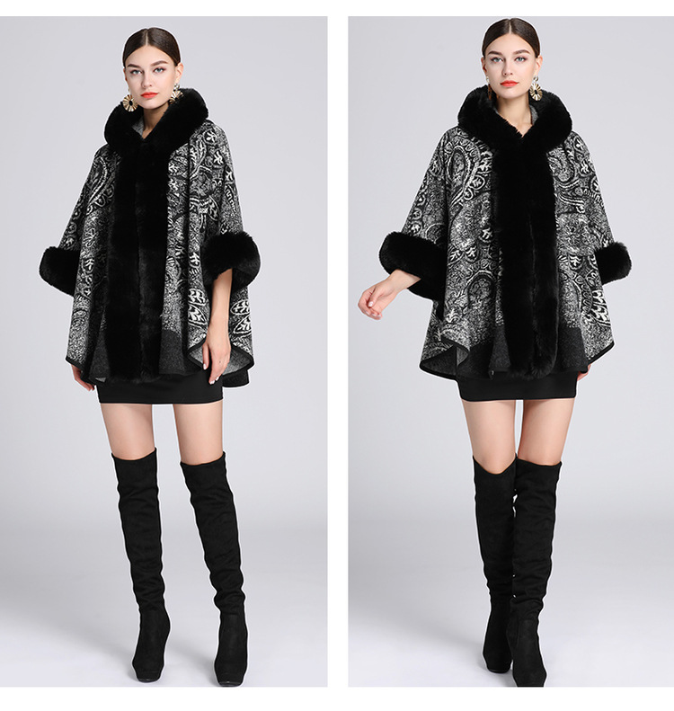 Cardigan in lana di grandi dimensioni con collo a scialle con cappuccio jacquard in pelliccia di coniglio rex di nuovo stile per donna_voghion.com