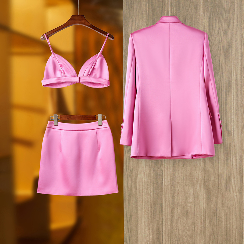 Feminino high-end francês retro primavera e verão estilo cetim brilhante nicho design terno jaqueta colete saia curta conjunto de três peças_voghion.com