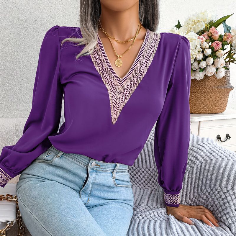 2023 herbst/Winter Temperament Spitze V-ausschnitt Langarm Chiffon Hemd frauen Kleid_voghion.com