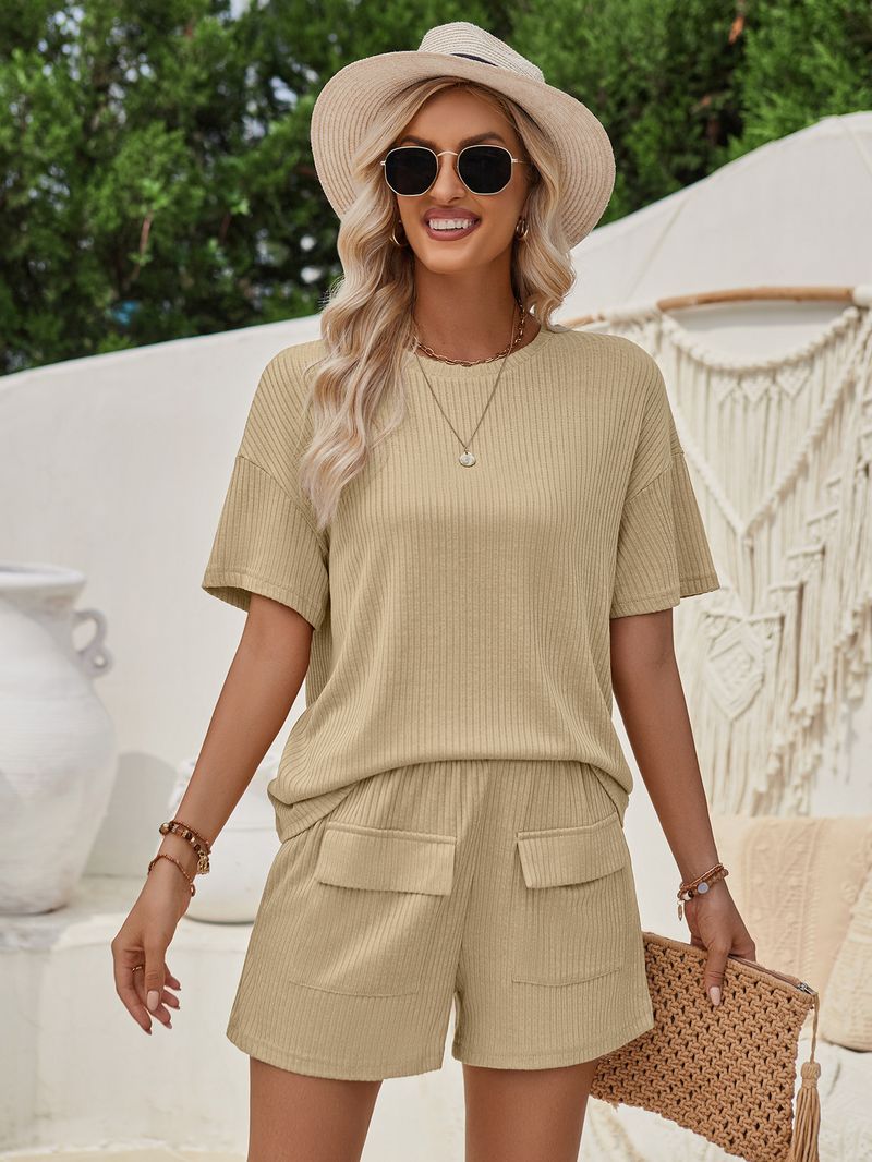 women's clothing casual style loose round neck solid color short-sleeved tops and shorts suits_voghion.com