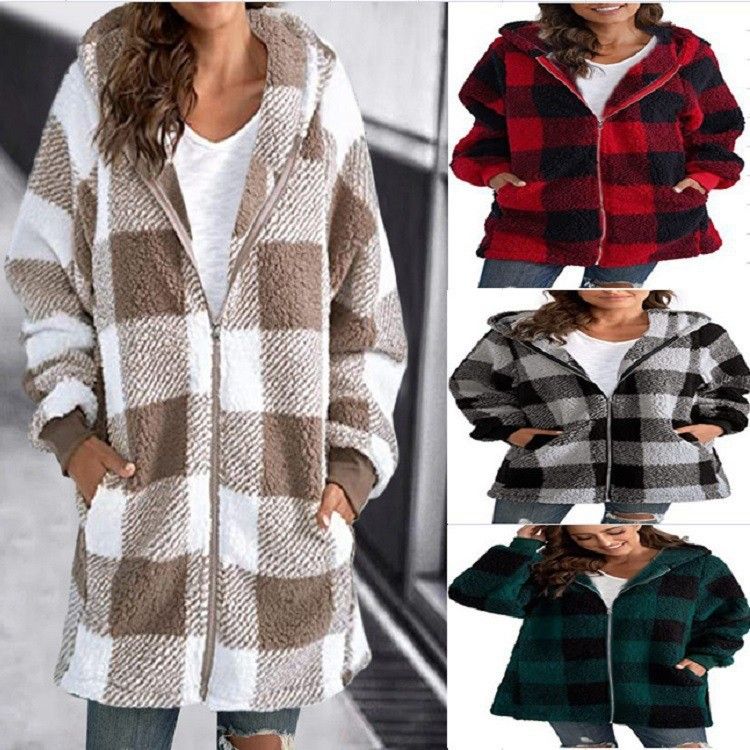 Manteau en peluche européen et américain pour femmes 2024 Nouveau manteau ample à manches longues à capuche avec fermeture éclair et poche_voghion.com