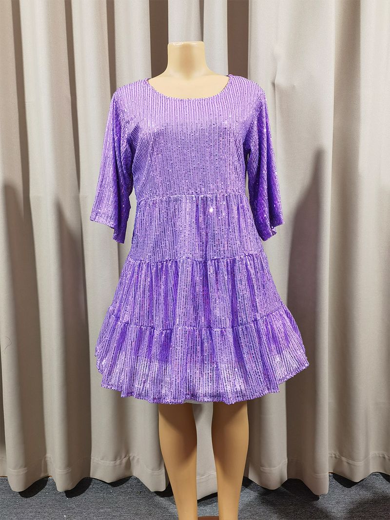 Nuovo abito alla moda a maniche corte con vita ampia e tinta unita, abito da banchetto scintillante_voghion.com