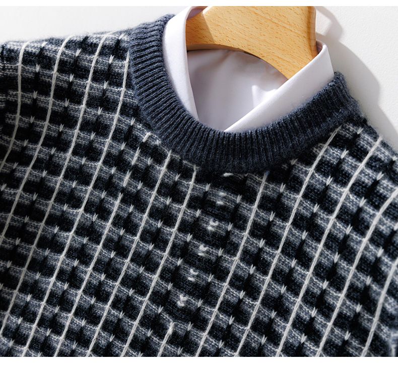 Novo suéter masculino de lã pura para outono e inverno com gola redonda e cor contrastante grossa, malha de cashmere casual para negócios_voghion.com
