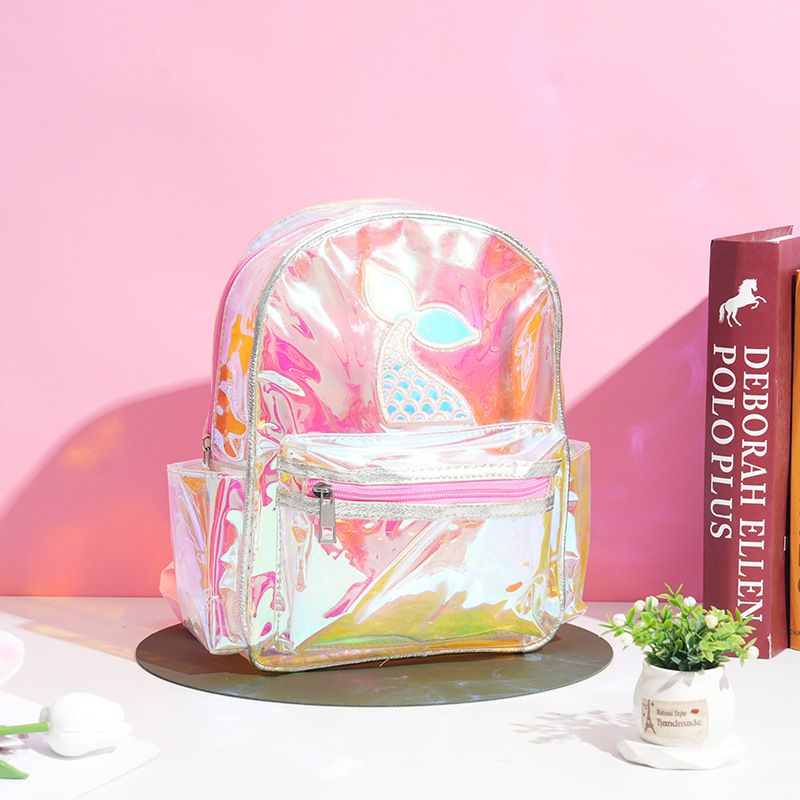 Zaino per ragazze laser colorato trasparente in TPU, impermeabile, per bambini, carino, casual, all'ingrosso, a forma di conchiglia, a forma di coda di pesce_voghion.com