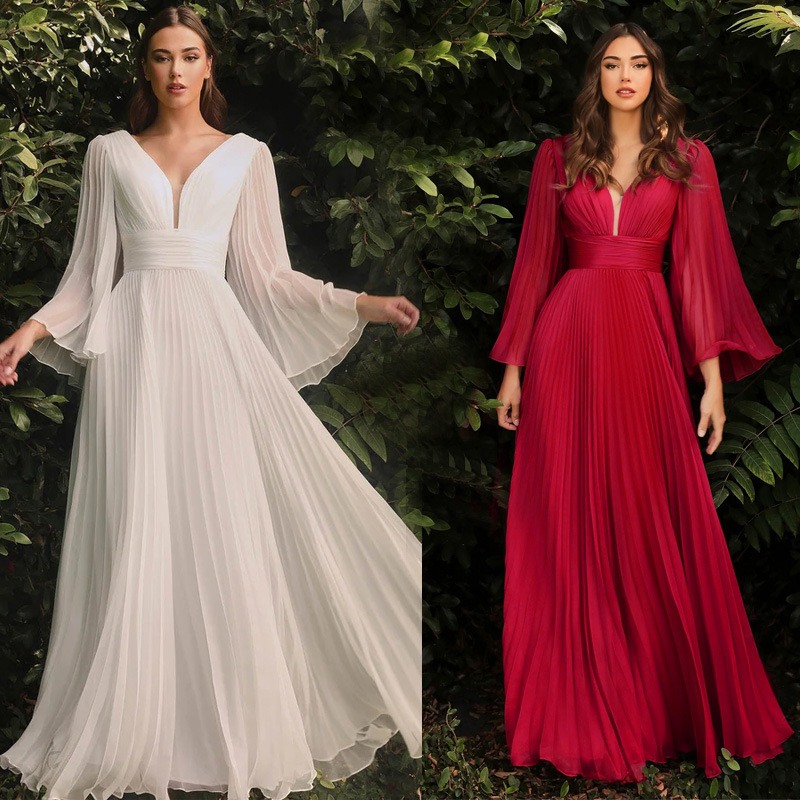 Damenbekleidung sexy tiefes V-Langarmkleid schlankes Kleid_voghion.com